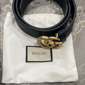 Gucci Black Leather Belt with Gold Double G Buckle